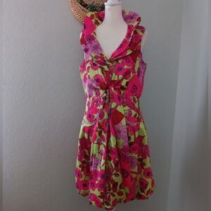 Samuel Dong Pink and Lime Floral Ruffle-Trim V-Neck Sz M Bubble Dress